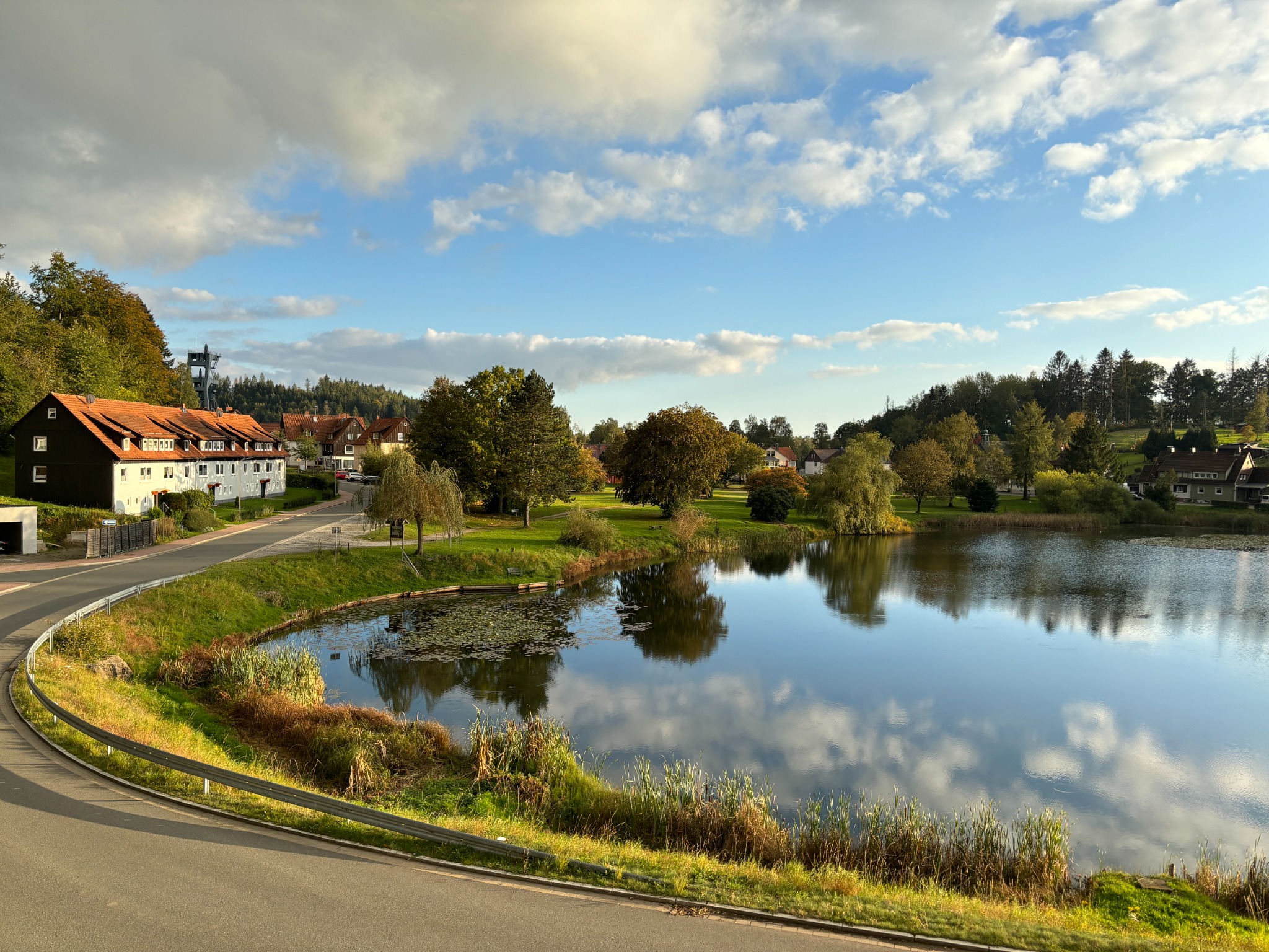 Blick auf See, Grünanlagen und Wohnhäuser in Bad Grund (Harz)